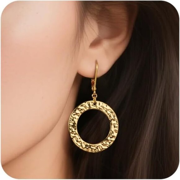 14K Gold Drop Handmade Hammered Circle Round Dangle Minimalist Earring for Women - Picture 1 of 7